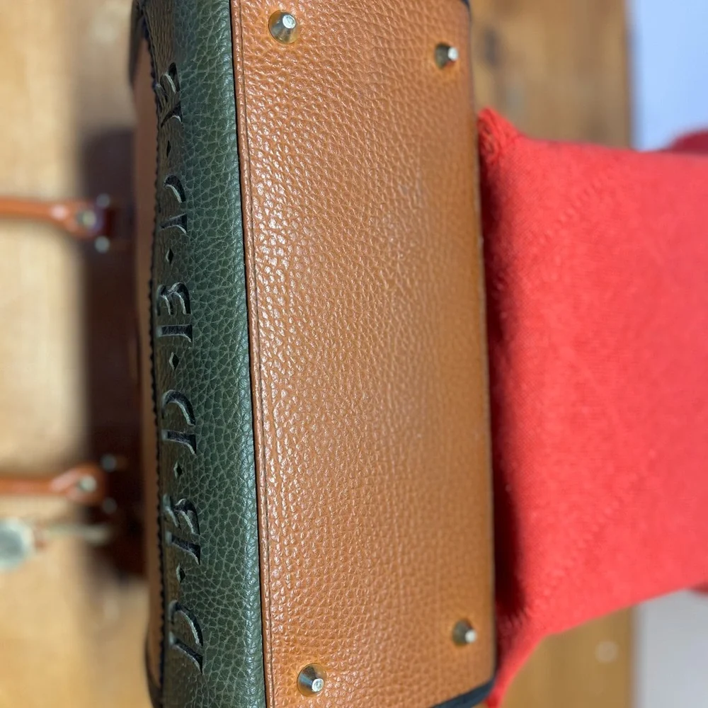 RARE Dooney & Bourke Tan Forest Green All Weather Leather Satchel Hand Bag Purse